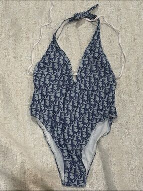 Monogram One-Piece Halter Swimsuit in Navy/Light Blue Medium/Small